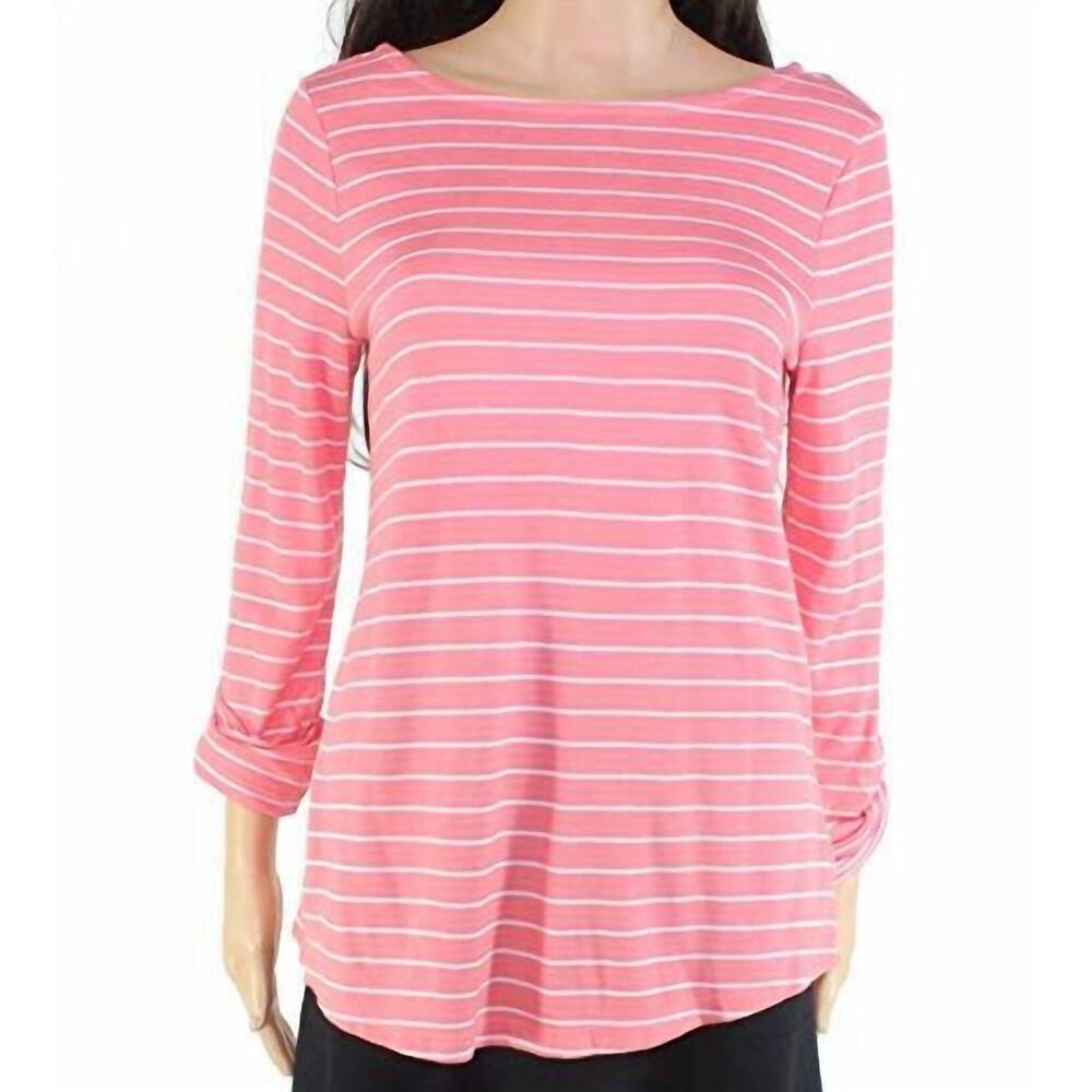 NEW CHARTER CLUB LUXURY activewear striped 3/4 sleeve top in pink guava